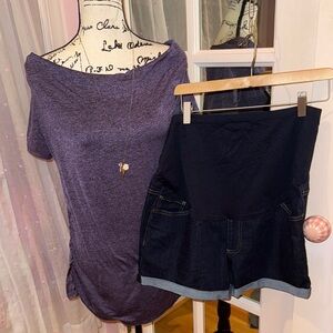 Maternity Shorts Top Set Motherhood denim jeans full panel t shirt stretch L 16